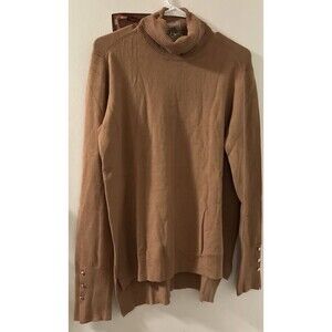 IMAN Womens Global Chic Turtleneck Sweater w Button Cuffs Rayon Blend LG Caramel